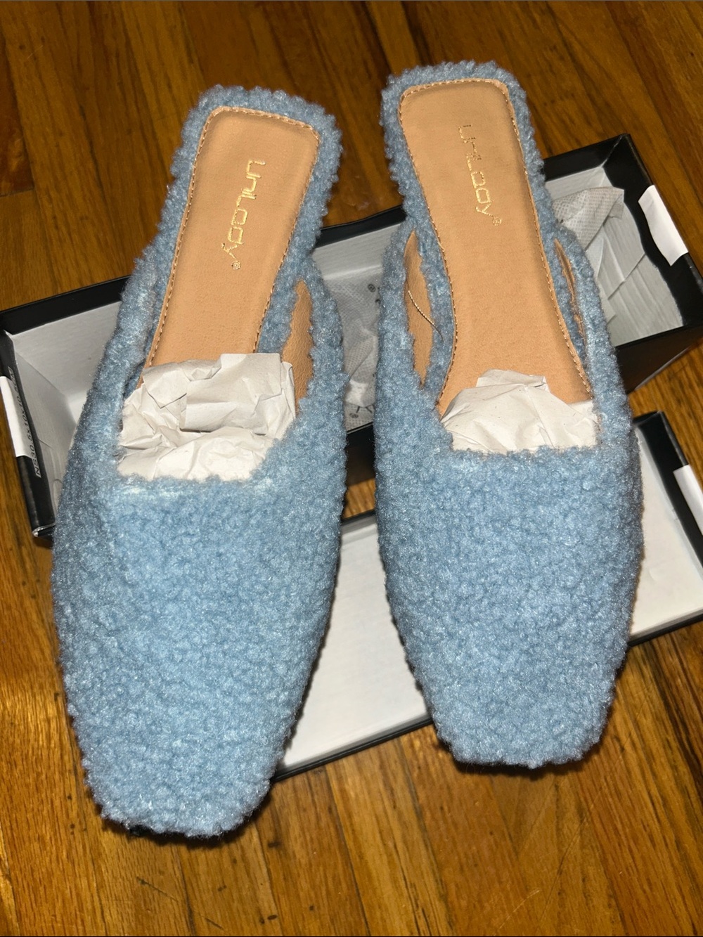 Furry blue slip on mule shoes